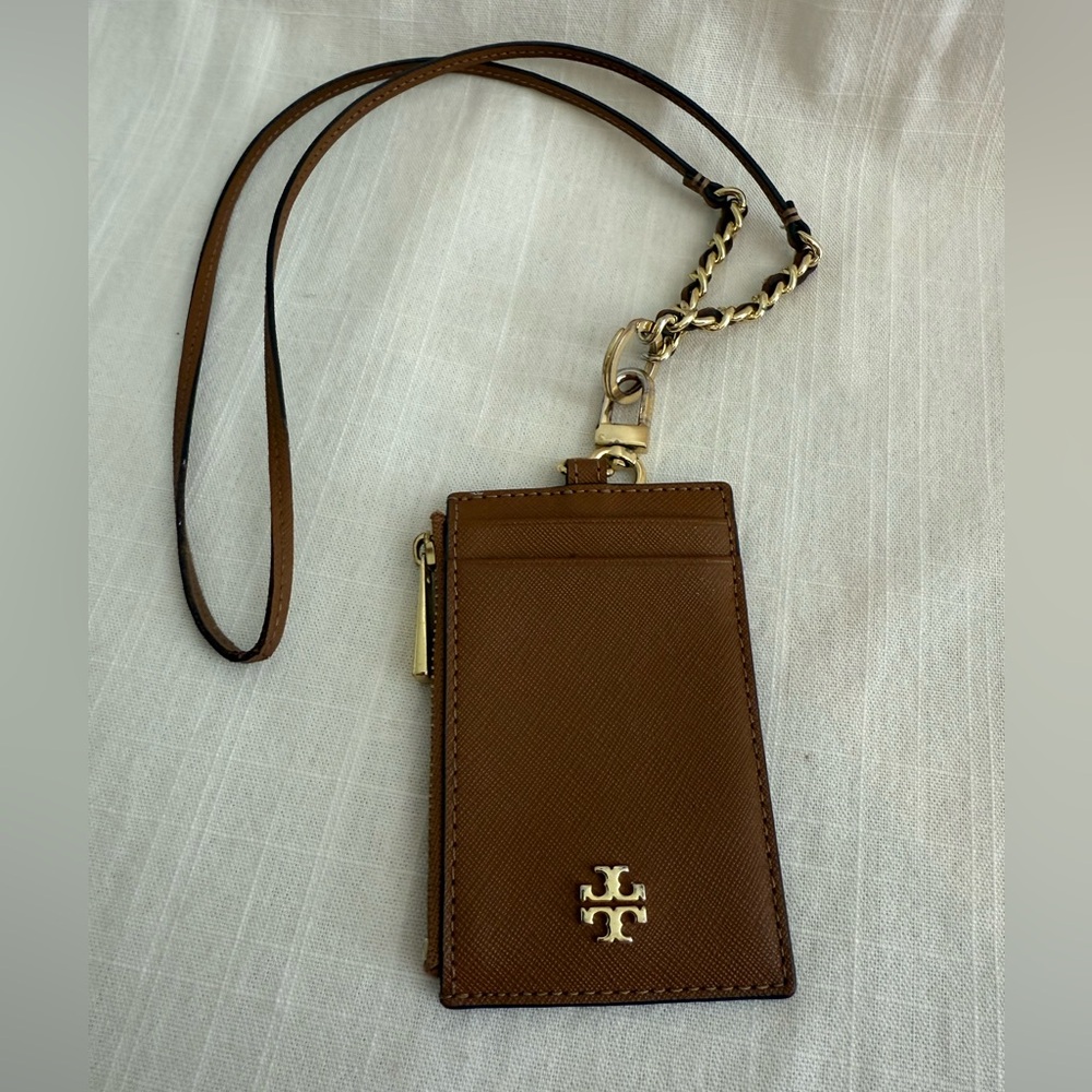 Tory Burch Tan Leather Card Holder with Gold Logo